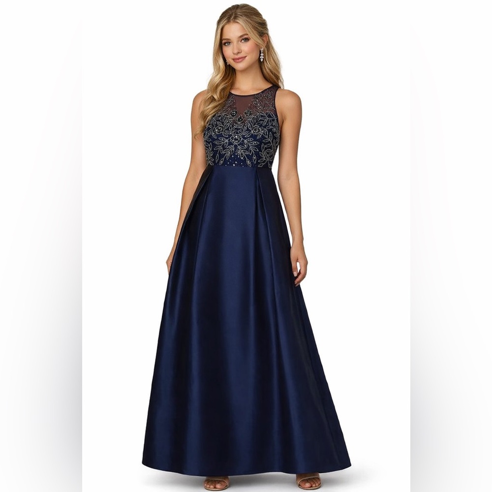Adrianna Papell Navy Beaded Illusion Gown SZ 8 NWT Formal Evening Dress GALA MOB